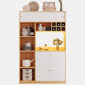 Armário de cozinha de painel de partículas com 4 portas,1 gaveta e luz led,natural+branco