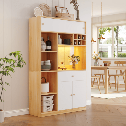 Armário de cozinha de painel de partículas com 4 portas,1 gaveta e luz led,natural+branco