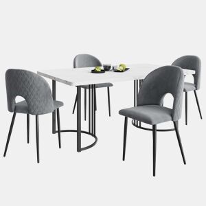Conjunto de mesa e cadeiras 140×80 cm - Mesa moderna, 4 cadeiras, veludo cinzento, pernas ajustáveis, MDF branco