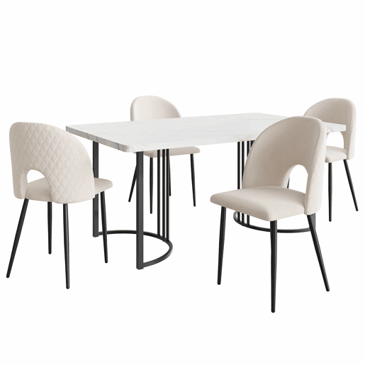 Conjunto de mesa e cadeiras 140×80 cm - Mesa de jantar moderna com 4 cadeiras de veludo, pernas pretas - Bege Conjunto de mesa e cadeiras 140×80 cm - Mesa de jantar moderna com 4 cadeiras de veludo, pernas pretas - Bege