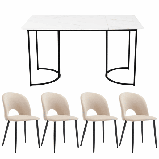 Conjunto de mesa e cadeiras 140×80 cm - Mesa de jantar moderna com 4 cadeiras de veludo, pernas pretas - Bege Conjunto de mesa e cadeiras 140×80 cm - Mesa de jantar moderna com 4 cadeiras de veludo, pernas pretas - Bege
