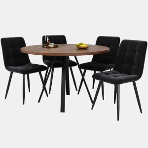 Conjunto de sala de jantar de 5 peças 80×80×75 cm - Mesa redonda com 4 cadeiras pretas - Assentos em veludo nogueira
