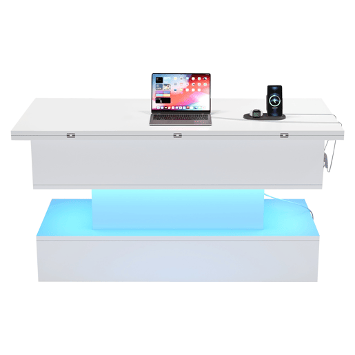 Mesa de centro 100 x 50 x 51,5 cm - com tomada, USB-C, LED, elevável, armazenamento, branca