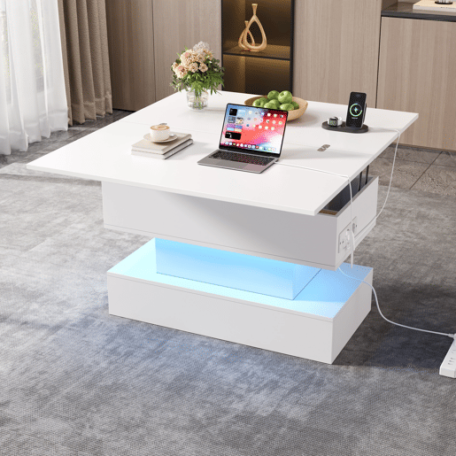 Mesa de centro 100 x 50 x 51,5 cm - com tomada, USB-C, LED, elevável, armazenamento, branca
