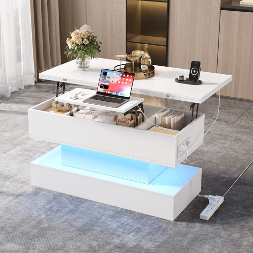 Mesa de centro 100 x 50 x 51,5 cm - com tomada, USB-C, LED, elevável, armazenamento, branca