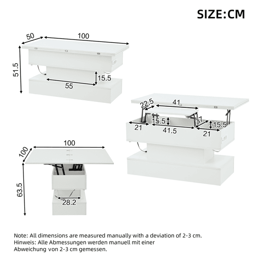 Mesa de centro 100 x 50 x 51,5 cm - com tomada, USB-C, LED, elevável, armazenamento, branca