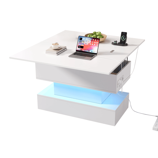 Mesa de centro 100 x 50 x 51,5 cm - com tomada, USB-C, LED, elevável, armazenamento, branca