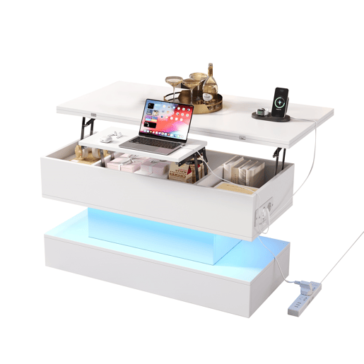 Mesa de centro 100 x 50 x 51,5 cm - com tomada, USB-C, LED, elevável, armazenamento, branca