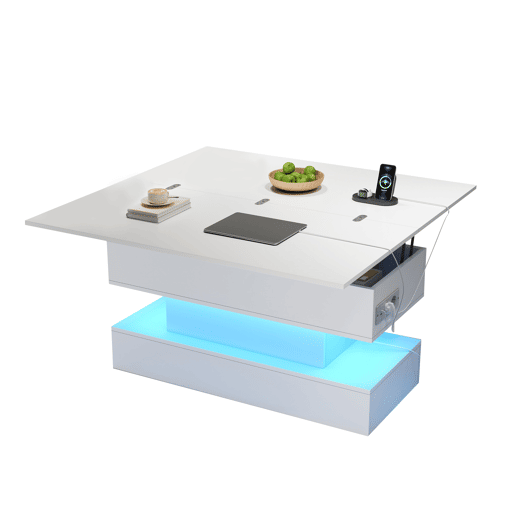 Mesa de centro 100 x 50 x 51,5 cm - com tomada, USB-C, LED, elevável, armazenamento, branca