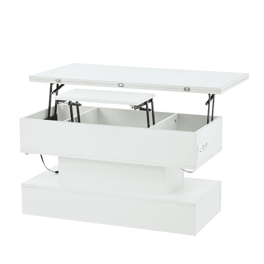 Mesa de centro 100 x 50 x 51,5 cm - com tomada, USB-C, LED, elevável, armazenamento, branca