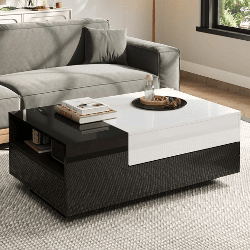 Mesa de centro 100 x 50 x 38 cm - Com 1 gaveta, mesa com placa deslizante, design geométrico, preto e branco Mesa de centro 100 x 50 x 38 cm - Com 1 gaveta, mesa com placa deslizante, design geométrico, preto e branco