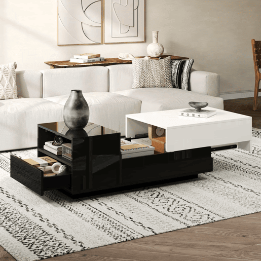 Mesa de centro 100 x 50 x 38 cm - Com 1 gaveta, mesa com placa deslizante, design geométrico, preto e branco Mesa de centro 100 x 50 x 38 cm - Com 1 gaveta, mesa com placa deslizante, design geométrico, preto e branco