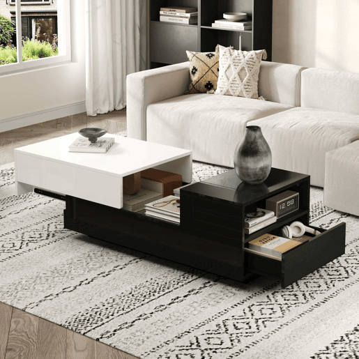 Mesa de centro 100 x 50 x 38 cm - Com 1 gaveta, mesa com placa deslizante, design geométrico, preto e branco Mesa de centro 100 x 50 x 38 cm - Com 1 gaveta, mesa com placa deslizante, design geométrico, preto e branco