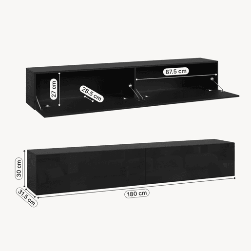 Prateleira suspensa Evaton 2 portas 180x32x30cm Preto alto brilho en.casa
