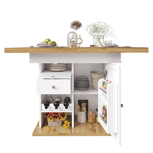 Mesa extensível telescópica 110-140x80cm - Mesa de cozinha com prateleira para snacks e vinho - Branca