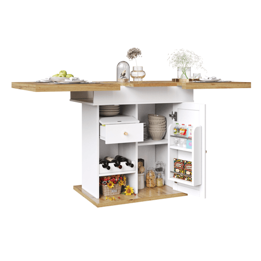 Mesa extensível telescópica 110-140x80cm - Mesa de cozinha com prateleira para snacks e vinho - Branca