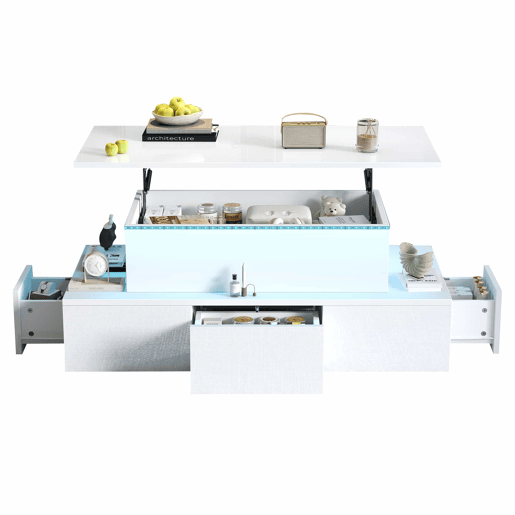 Mesa de centro elevável 100x50x40 cm - Com 4 gavetas, LED, arrumação oculta - Branco, MDF