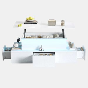Mesa de centro elevável 100x50x40 cm - Com 4 gavetas, LED, arrumação oculta - Branco, MDF