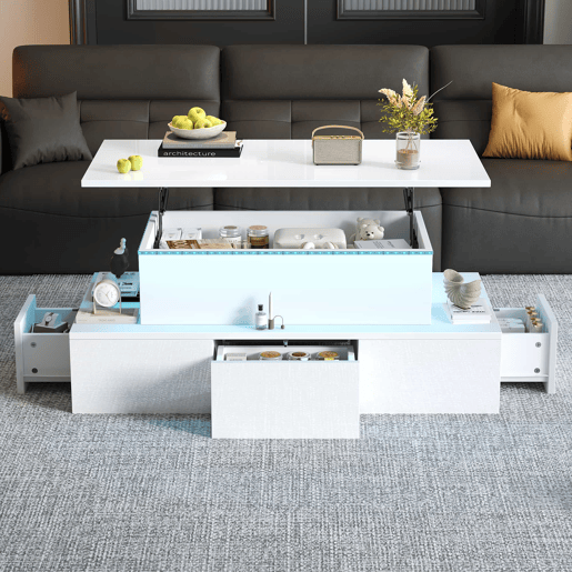 Mesa de centro elevável 100x50x40 cm - Com 4 gavetas, LED, arrumação oculta - Branco, MDF