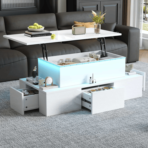 Mesa de centro elevável 100x50x40 cm - Com 4 gavetas, LED, arrumação oculta - Branco, MDF