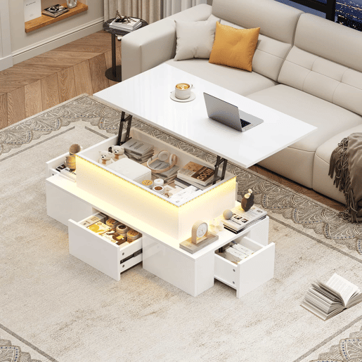 Mesa de centro elevável 100x50x40 cm - Com 4 gavetas, LED, arrumação oculta - Branco, MDF
