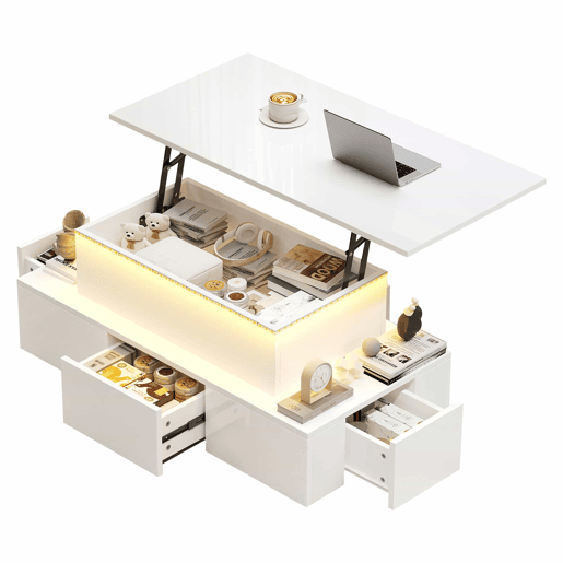 Mesa de centro elevável 100x50x40 cm - Com 4 gavetas, LED, arrumação oculta - Branco, MDF
