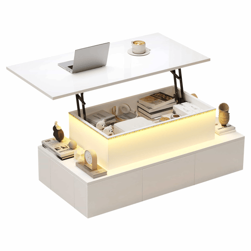 Mesa de centro elevável 100x50x40 cm - Com 4 gavetas, LED, arrumação oculta - Branco, MDF