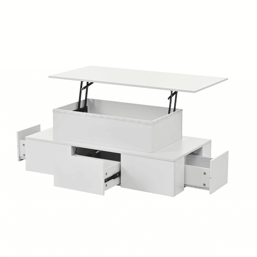 Mesa de centro elevável 100x50x40 cm - Com 4 gavetas, LED, arrumação oculta - Branco, MDF