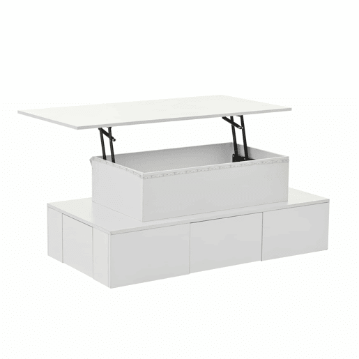 Mesa de centro elevável 100x50x40 cm - Com 4 gavetas, LED, arrumação oculta - Branco, MDF