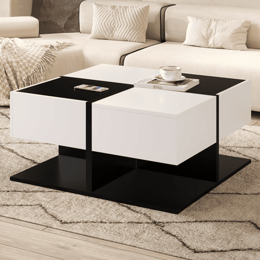 Mesa de centro quadrada 70x70x35,5 cm - 2 gavetas, com arrumação, design elegante - Preto e Branco