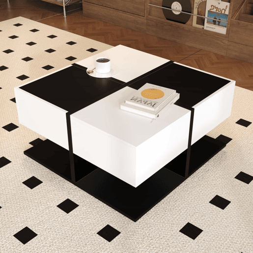 Mesa de centro quadrada 70x70x35,5 cm - 2 gavetas, com arrumação, design elegante - Preto e Branco