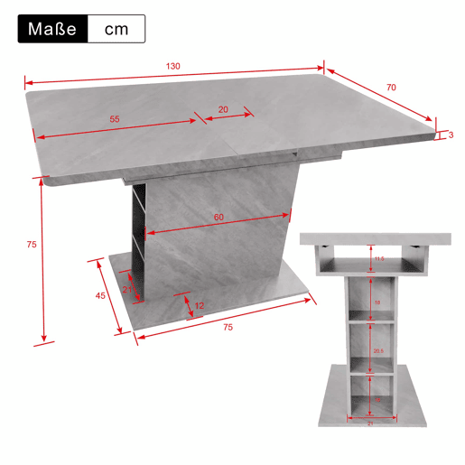 Mesa de jantar moderna extensível com arrumação por baixo - Cinzento