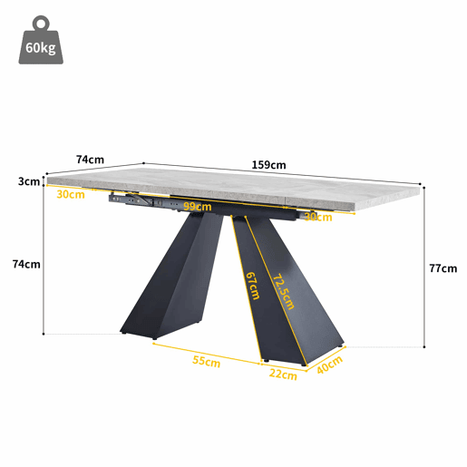 Mesa de jantar extensível 99-159x74 cm - Mesa compacta com design flexível - Cinza
