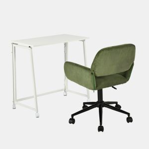 Conjunto De Secretária Dobrável Branca E Cadeira De Escritório Verde Em Veludo Com Altura Ajustável E Rotação 360 Graus, Design Moderno E Compacto Para Teletrabalho Ou Estudo Em Espaços Pequenos