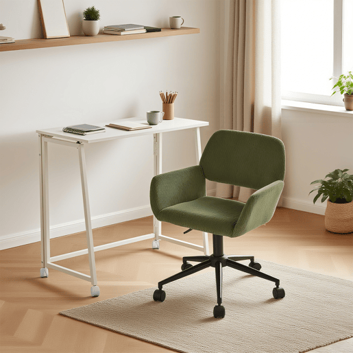 Conjunto De Secretária Dobrável Branca E Cadeira De Escritório Verde Em Veludo Com Altura Ajustável E Rotação 360 Graus, Design Moderno E Compacto Para Teletrabalho Ou Estudo Em Espaços Pequenos
