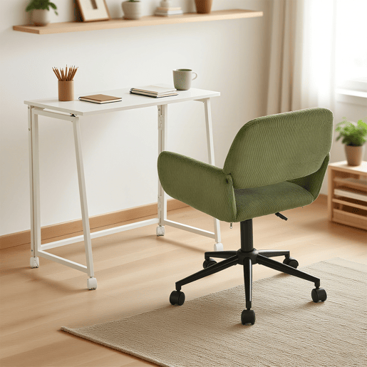 Conjunto De Secretária Dobrável Branca E Cadeira De Escritório Verde Em Veludo Com Altura Ajustável E Rotação 360 Graus, Design Moderno E Compacto Para Teletrabalho Ou Estudo Em Espaços Pequenos