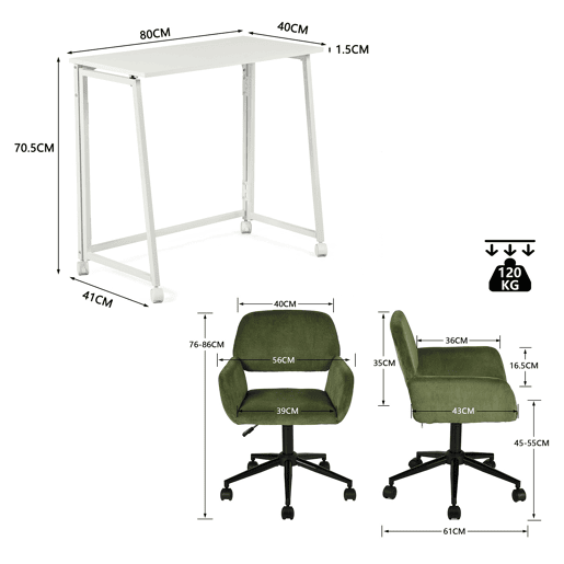 Conjunto De Secretária Dobrável Branca E Cadeira De Escritório Verde Em Veludo Com Altura Ajustável E Rotação 360 Graus, Design Moderno E Compacto Para Teletrabalho Ou Estudo Em Espaços Pequenos