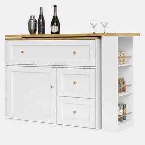 Mesa de bar extensível 138-204×39×105 cm - Com arrumação, prateleira para snacks, mesa alta telescópica, ilha de cozinha - Branca