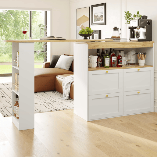 Mesa de bar giratória 105x39x102 cm - 4 gavetas e prateleiras abertas - Branco