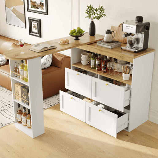 Mesa de bar giratória 105x39x102 cm - 4 gavetas e prateleiras abertas - Branco