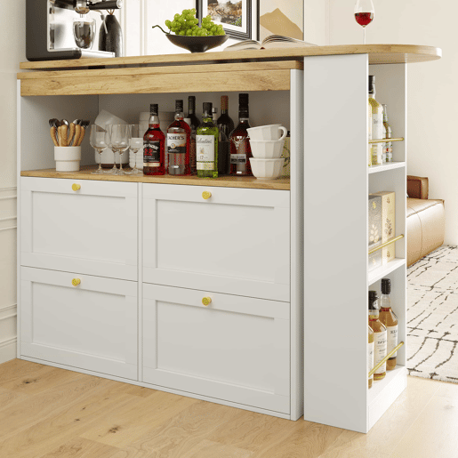 Mesa de bar giratória 105x39x102 cm - 4 gavetas e prateleiras abertas - Branco
