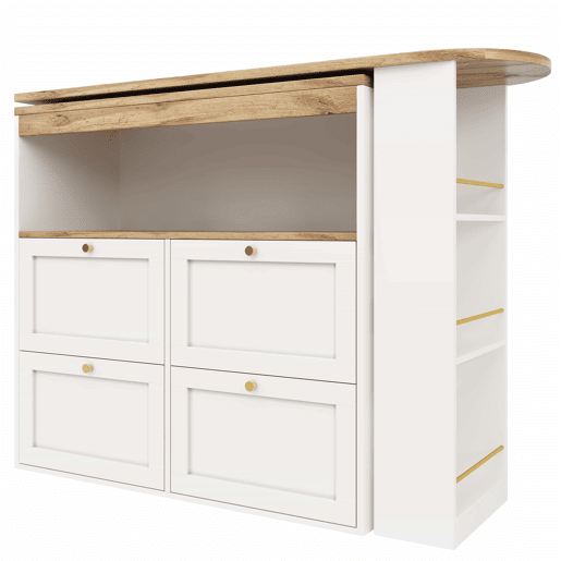 Mesa de bar giratória 105x39x102 cm - 4 gavetas e prateleiras abertas - Branco