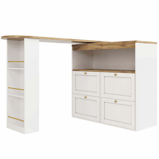 Mesa de bar giratória 105x39x102 cm - 4 gavetas e prateleiras abertas - Branco