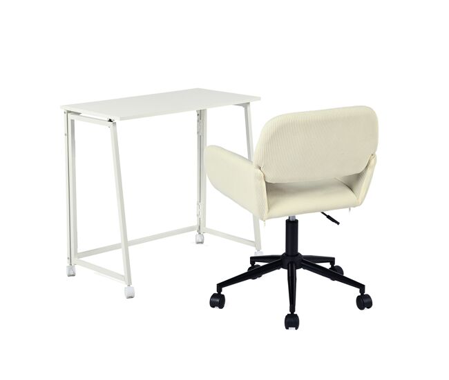 Conjunto de escritorio plegable blanco y silla de oficina beige en terciopelo con altura regulable y giro 360 grados, diseño moderno y compacto para