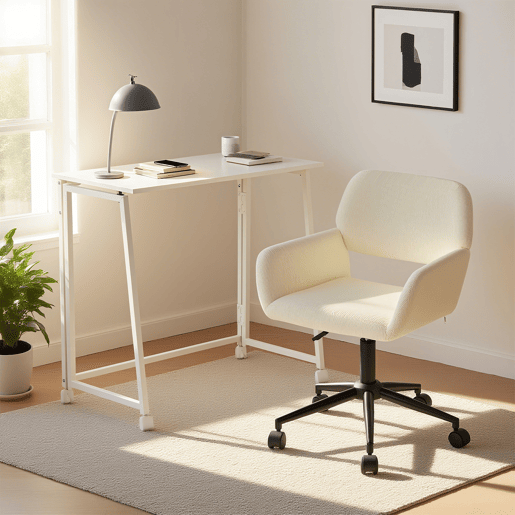 Conjunto De Secretária Dobrável Branca E Cadeira De Escritório Bege Em Veludo Com Altura Ajustável E Rotação 360 Graus, Design Moderno E Compacto Para Teletrabalho Ou Estudo Em Espaços Pequenos