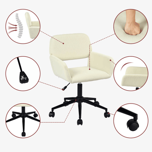 Conjunto De Secretária Dobrável Branca E Cadeira De Escritório Bege Em Veludo Com Altura Ajustável E Rotação 360 Graus, Design Moderno E Compacto Para Teletrabalho Ou Estudo Em Espaços Pequenos