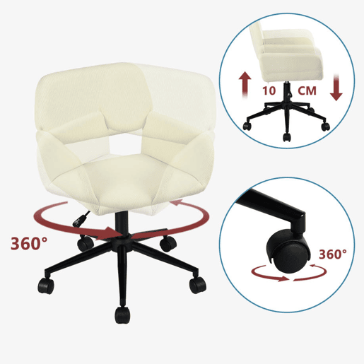 Conjunto De Secretária Dobrável Branca E Cadeira De Escritório Bege Em Veludo Com Altura Ajustável E Rotação 360 Graus, Design Moderno E Compacto Para Teletrabalho Ou Estudo Em Espaços Pequenos