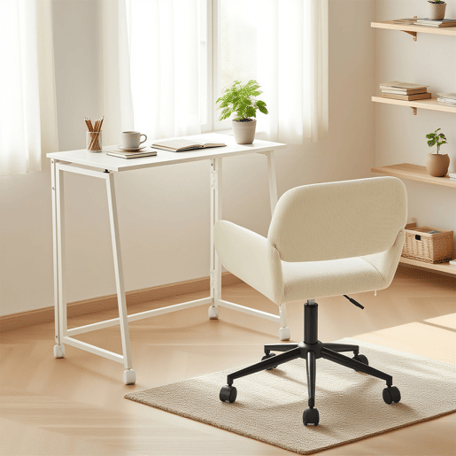 Conjunto De Secretária Dobrável Branca E Cadeira De Escritório Bege Em Veludo Com Altura Ajustável E Rotação 360 Graus, Design Moderno E Compacto Para Teletrabalho Ou Estudo Em Espaços Pequenos