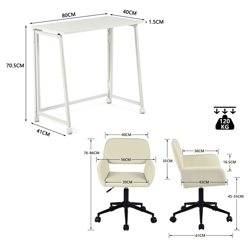 Conjunto De Secretária Dobrável Branca E Cadeira De Escritório Bege Em Veludo Com Altura Ajustável E Rotação 360 Graus, Design Moderno E Compacto Para Teletrabalho Ou Estudo Em Espaços Pequenos