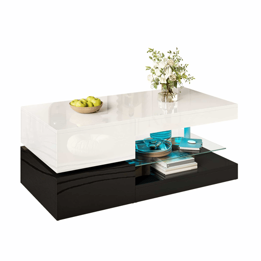 Mesa de centro 90x45x35,5 cm - LED, controlo APP e Bluetooth, prateleira de vidro, design preto e branco